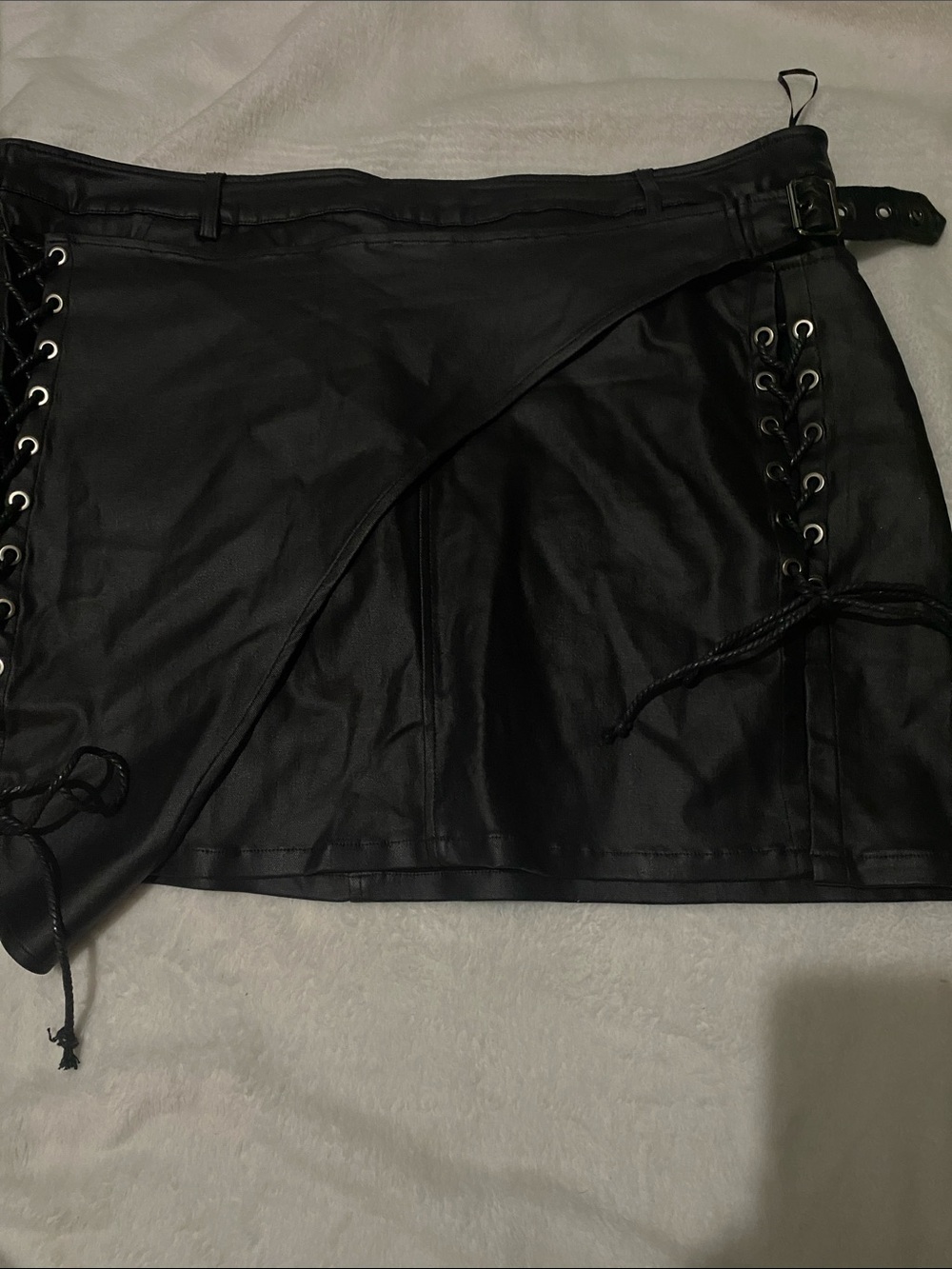 Black Faux Leather Lace-Up Mini Skirt with Side Buckle Detail